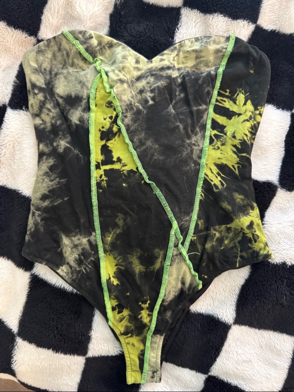 FashionNova Tie-Dye Neon Green & Black Abstract Bodysuit Top